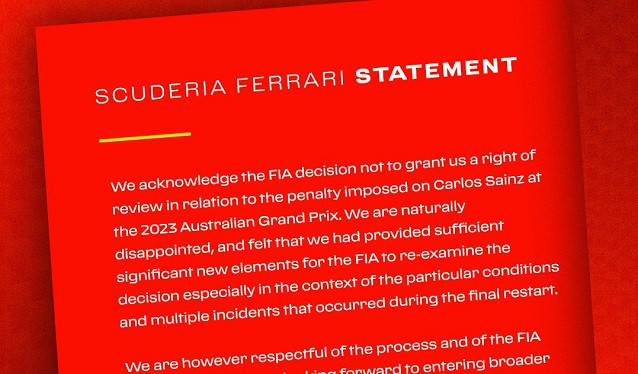 La FIA ha rechazado la apelación de Ferrari sobre la sanción a Sainz