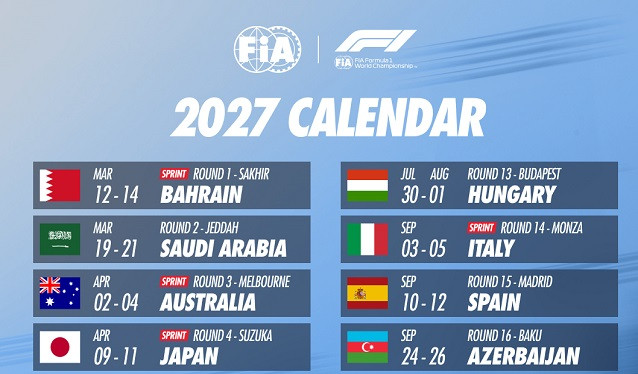 La Fórmula 1 publica el Calendario para 2027